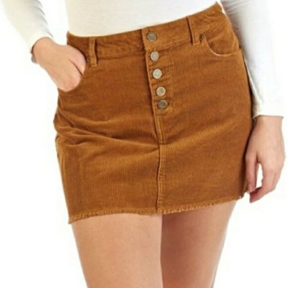 Indigo Rein Brown Corduroy Raw Hem Button Down Mini Skirt 7/27 - Picture 1 of 6